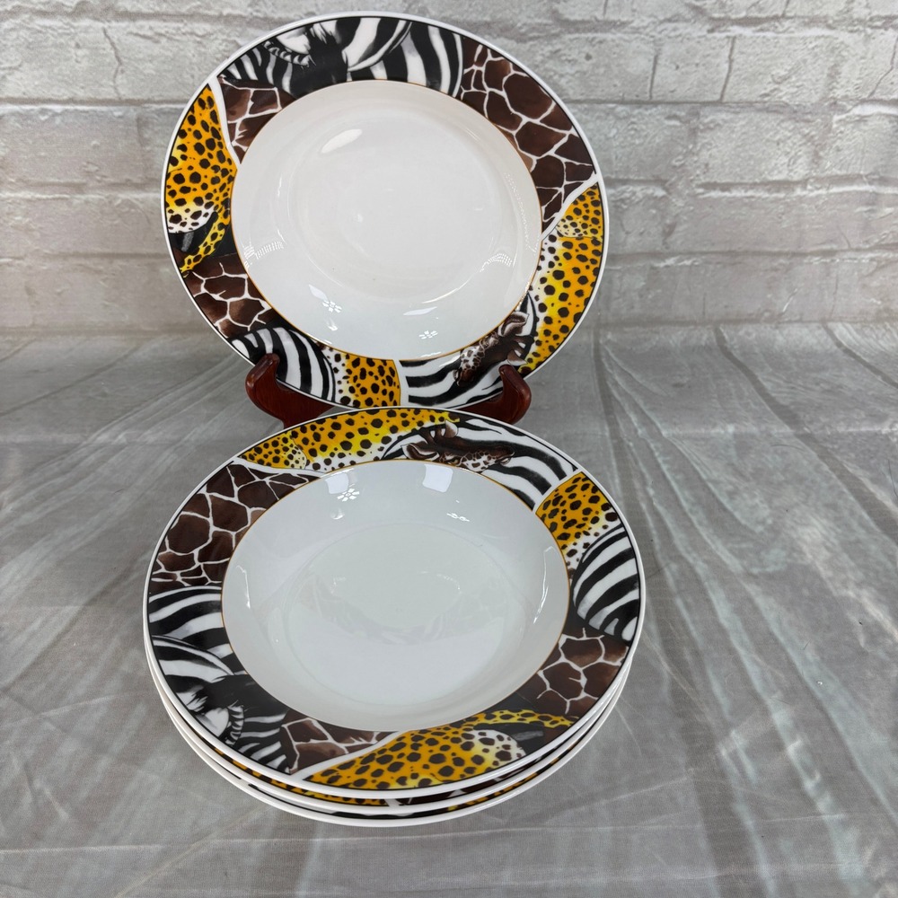 Set of 4 FC Safari Animal Print Porcelain Pasta Soup Bowls Zebra Giraffe 8.5"